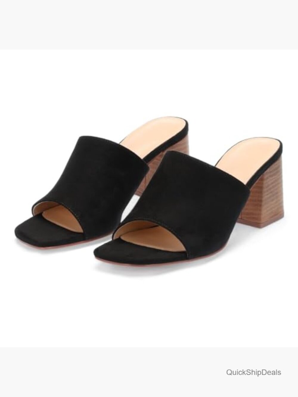 Faux Suede Heeled Sandals, Slip On Block Wedge, Open Toe Summer - Picture 4 of 7
